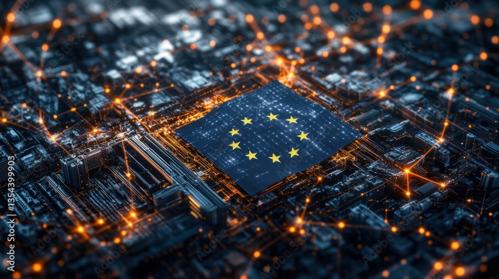 Close-up of a high-tech circuit board featu the European Union flag on a microchip surrounded by bright nodes and digital connectivity elements Close-up of a high-tech circuit board featu the European Union flag on a microchip surrounded by bright nodes and digital connectivity elements