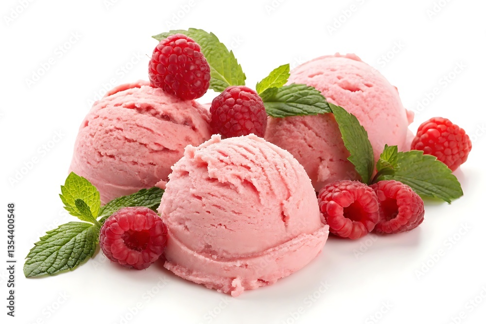 Raspberry ice cream scoops with mint isolated on white background Raspberry ice cream scoops with mint isolated on white background