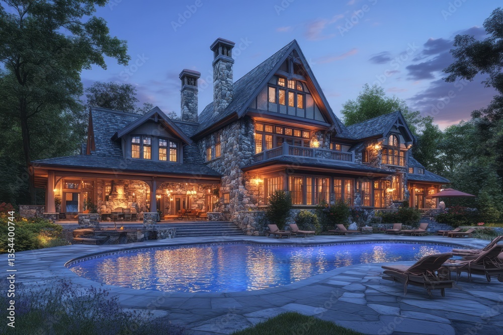 Obraz premium Beautiful stone mansion illuminated beside a pristine pool at dusk