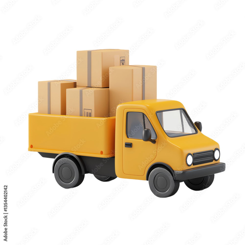 3D cute style on white background isolated png. Yellow Delivery Truck Carrying Cardboard Boxes on Transparent Background 3D cute style on white background isolated png. Yellow Delivery Truck Carrying Cardboard Boxes on Transparent Background