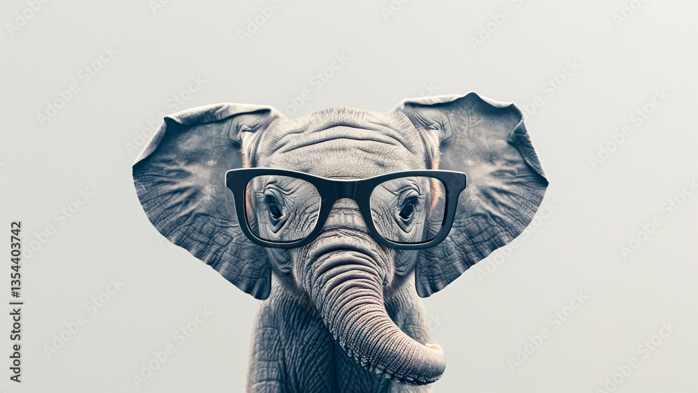 Baby Elephant Wearing Glasses on Gray Background. Cute Animal, Stylish Look, Intellectual Charm.