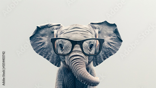 Obraz na płótnie Baby Elephant Wearing Glasses on Gray Background. Cute Animal, Stylish Look, Intellectual Charm. w salonie