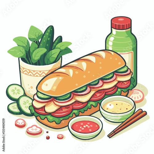 bread, baguette, meal, meat, fresh, food, background, cucumber, carrot, lunch, cuisine, coriander, sandwich, asian, traditional, vietnamese, pork, vietnam, sliced, closeup, cilantro, vegetable, street