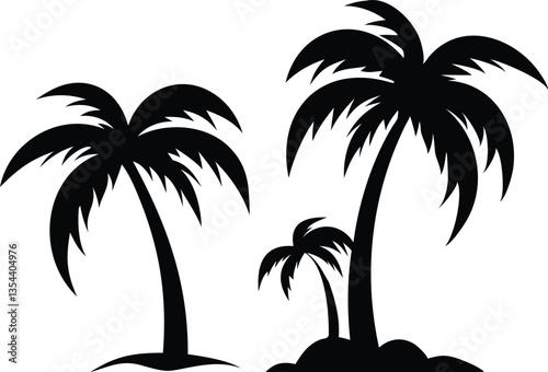 Simple black silhouette of three palm trees on a white background.