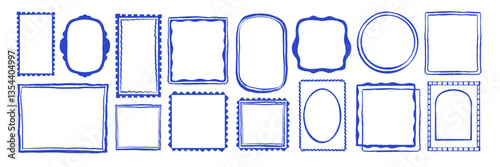 Hand drawn doodle frame set, vector minimal cute border collection, blue wavy coastal edge decor art. Trendy contemporary line scribble rectangle box, crayon texture. Elegant abstract doodle frame