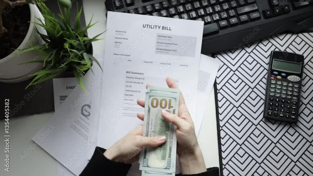 Hands counting cash with utility bills, budget and accounting document, banking receipt and invoice calculation