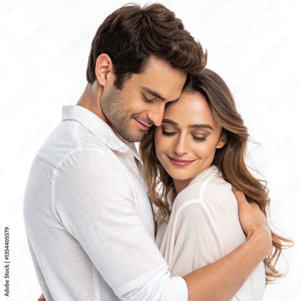 A joyful couple sharing an intimate moment, radiating love and happiness in a bright and clean background. A joyful couple sharing an intimate moment, radiating love and happiness in a bright and clean background.