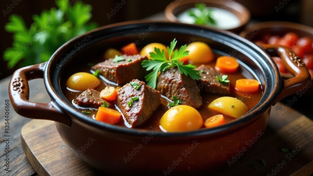 Aromatic Beef Stew in a Rustic Earthenware Pot, Garnished with Fresh Parsley and Tender Vegetables Aromatic Beef Stew in a Rustic Earthenware Pot, Garnished with Fresh Parsley and Tender Vegetables