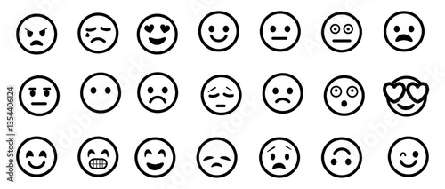 Emoticons set. Emoji faces collection. Emojis flat style. Happy and sad emoji. Line smiley face - stock vector