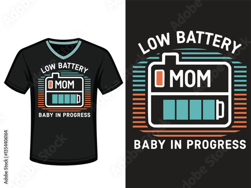 A black t-shirt design featuring a graphic of a low battery icon with the word "MOM" displayed