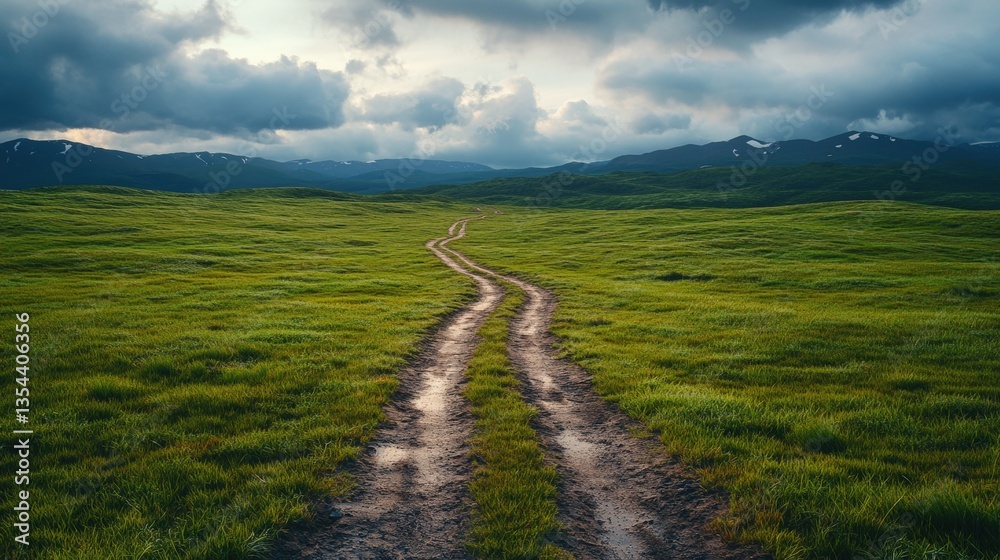 Scenic dirt road curving through expansive field surrounded by lush greenery and bright sky inviting exploration Scenic dirt road curving through expansive field surrounded by lush greenery and bright sky inviting exploration