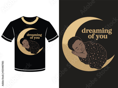 A black t-shirt featuring a heartwarming graphic design of a dark-skinned baby asleep on a crescent moon