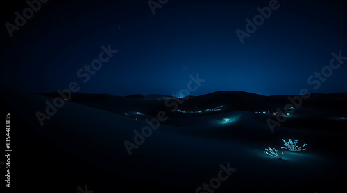 A surreal desert landscape with glowing bioluminescent patterns on the sand dunes. The twilight sky enhances the otherworldly ambiance, while luminous flora adds a mystical  Created with generative AI