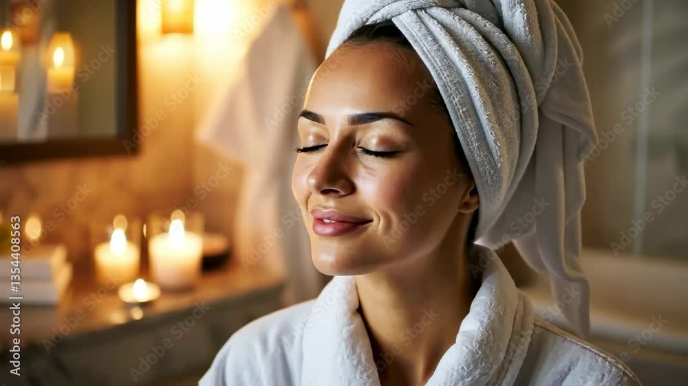 Serene woman enjoying spa moment with candles in cozy bathroom Serene woman enjoying spa moment with candles in cozy bathroom
