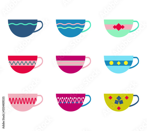 Collection of different modern cups decorated with design elements vector flat illustration. Set of colored mugs filling by beverages isolated. Cute trendy crockery with handle for drink