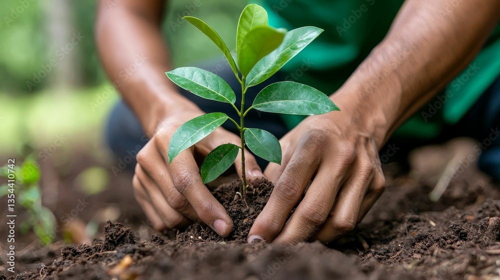 A person plants a young sapling into the soil, emphasizing the importance of nurturing and growing plants for a sustainable environment.