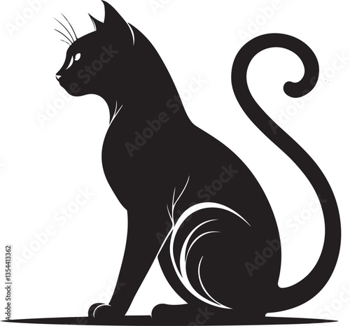 A cute black cat silhouette illustration sitting in black and white, with a playful design, perfect for Halloween or pet lovers