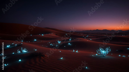 A surreal desert landscape with glowing bioluminescent patterns on the sand dunes. The twilight sky enhances the otherworldly ambiance, while luminous flora adds a mystical  Created with generative AI