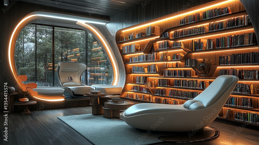 Fototapeta premium Modern reading nook with warm lighting and shelves