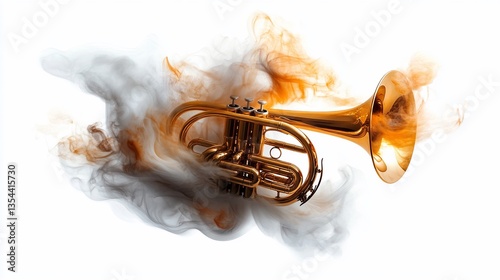 Abstract artistic rendering of a brass flugelhorn enveloped in smoky hues