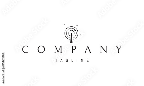Vector logo with an abstract image of a radio tower with waves around it.
