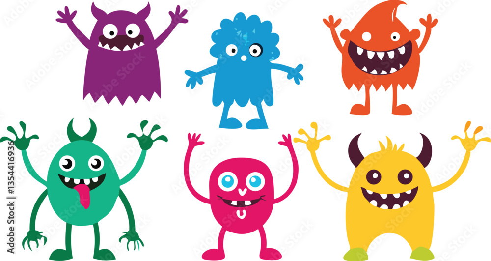 Naklejka premium A set of five cheerful, cartoon monsters in vibrant colors, perfect for children's designs.