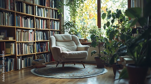 Cozy reading nook with armchair, bookshelves, and plants.