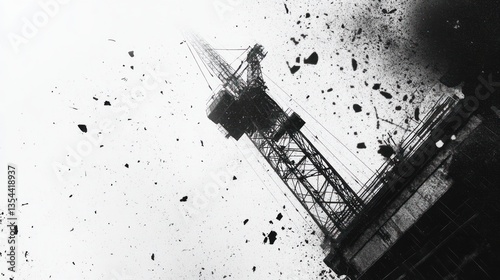 Industrial crane, debris, disaster scene, possible use in environmental/disaster photography photo