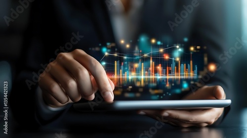 Businesswoman analyzing financial data on tablet.