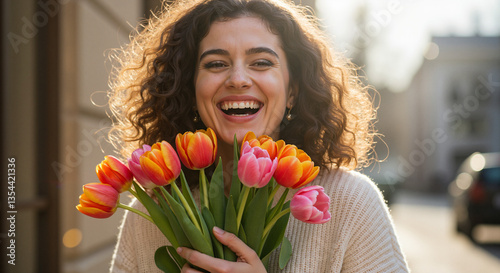 Happy woman holding colorful tulips outdoors  