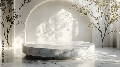 Sunlit marble podium in minimalist room.