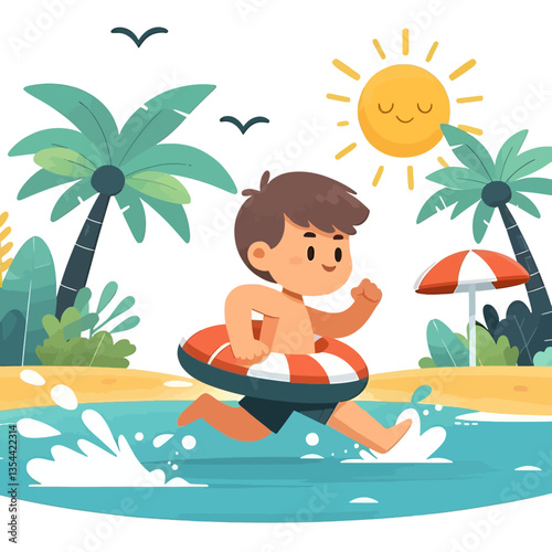 Ilustración de temporada de playa: niños jugando en la playa en estilo colourful flat illustration, clipart gráfico premium en fondo vectorial, colores vivos y atmósfera alegre.