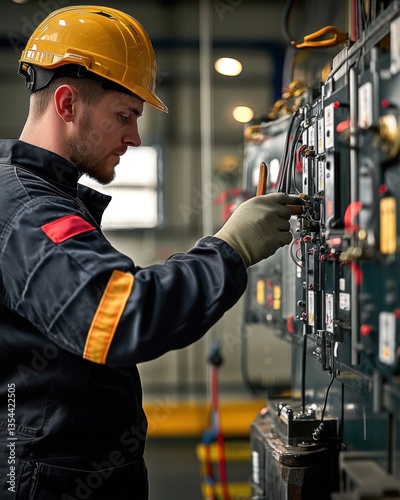 Focused Technician Inspecting Industrial Control Panel