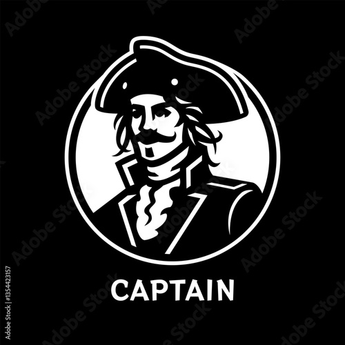 A sea captain in uniform and hat on a dark background.