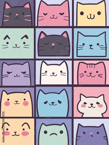imagine cartoon kawaii-style kitten faces as icons with different emote faces like winking, happy, sad, excited, grumpy, sleepy, thinking, confused etc