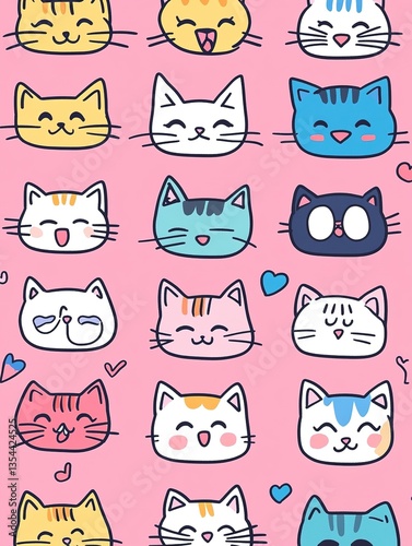 imagine cartoon kawaii-style kitten faces as icons with different emote faces like winking, happy, sad, excited, grumpy, sleepy, thinking, confused etc