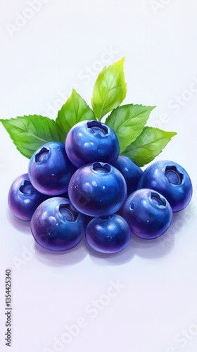 Close Up of Fresh Blueberries with Green Leaves on White Background