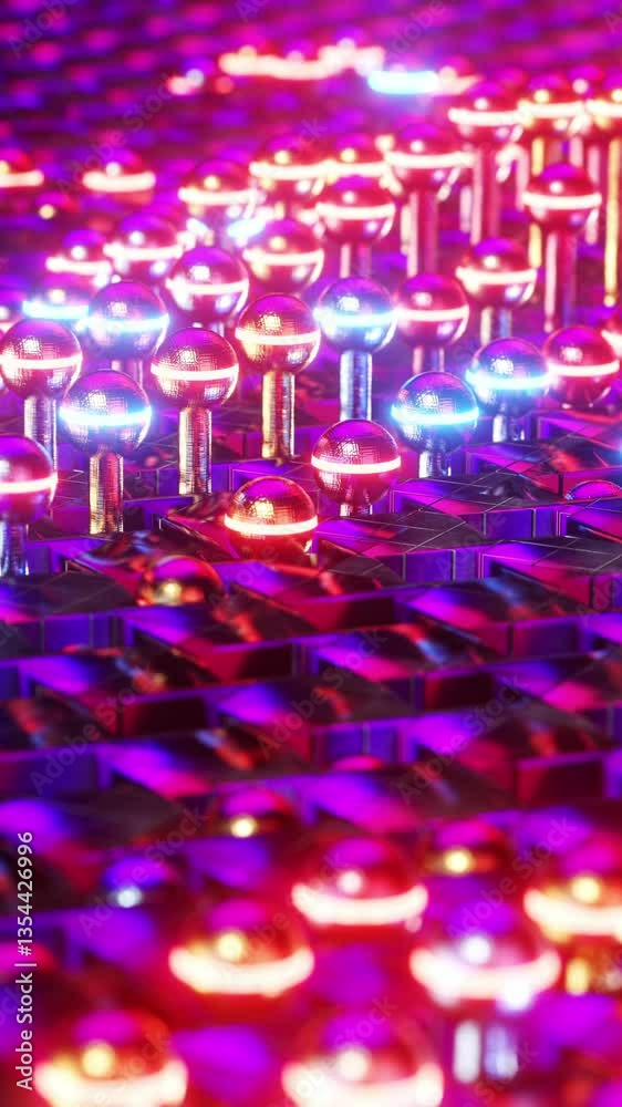 Luminous red spheres moving in waves. Vertical looped video