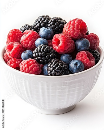 Red Raspberries Blackberries Blueberries in White Bowl