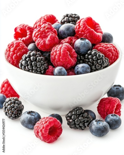Red Raspberries Blueberries and Blackberries in White Bowl