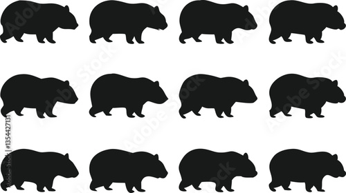A collection of black silhouette images of wombats, presented in various side-view profiles.