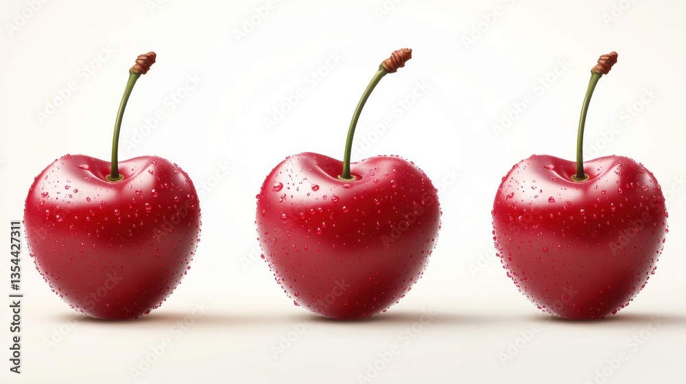 Three Red Heart-Shaped Cherries with Water Drops on White Background Three Red Heart-Shaped Cherries with Water Drops on White Background