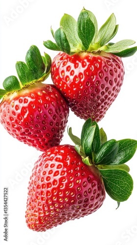 Three Ripe Red Strawberries with Green Leaves on White Background