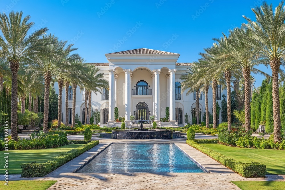 Obraz premium Extravagant mansion features classical architecture palm trees and reflecting pool