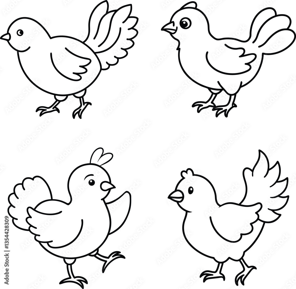 Fototapeta premium Hand Drawn Chicken Illustrations Black and White Farm Animal Vector Set line art coloring page 