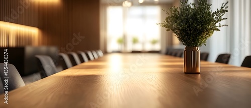 Modern Conference Room with Wooden Table and Green Plant Decoration