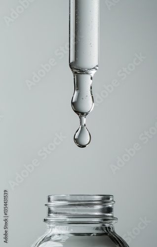 Clear liquid drop descends from pipette into glass jar under soft light in a serene setting