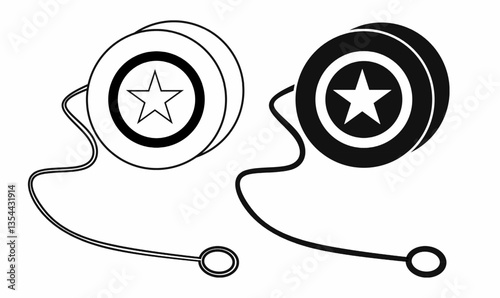 Hand-drawn yo-yo toy with a star emblem in outline and solid style. Perfect for toy illustrations, childhood nostalgia, and retro design elements.