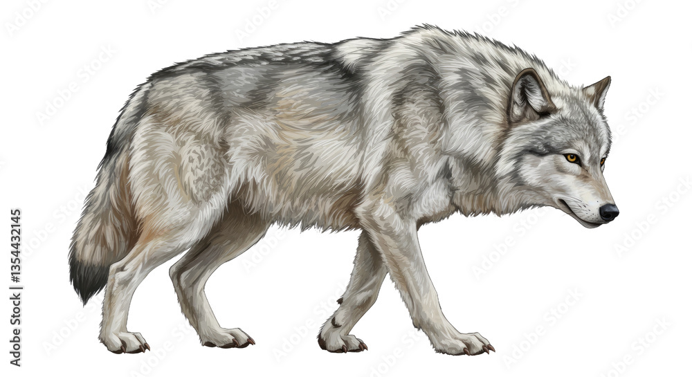 Fototapeta premium A Wild Gray Wolf in a Pivotal Moment of Expression, Its Layered Fur Rendered in Soft Grays, Whites, and Hints of Brown