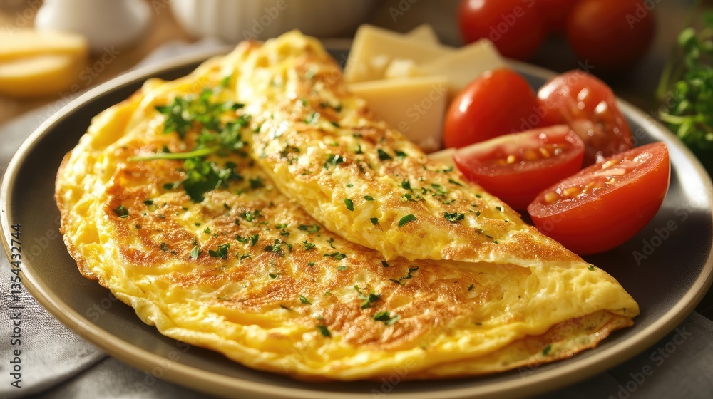 A Close-Up of a Golden Omelette with Tomatoes and Parsley A Close-Up of a Golden Omelette with Tomatoes and Parsley